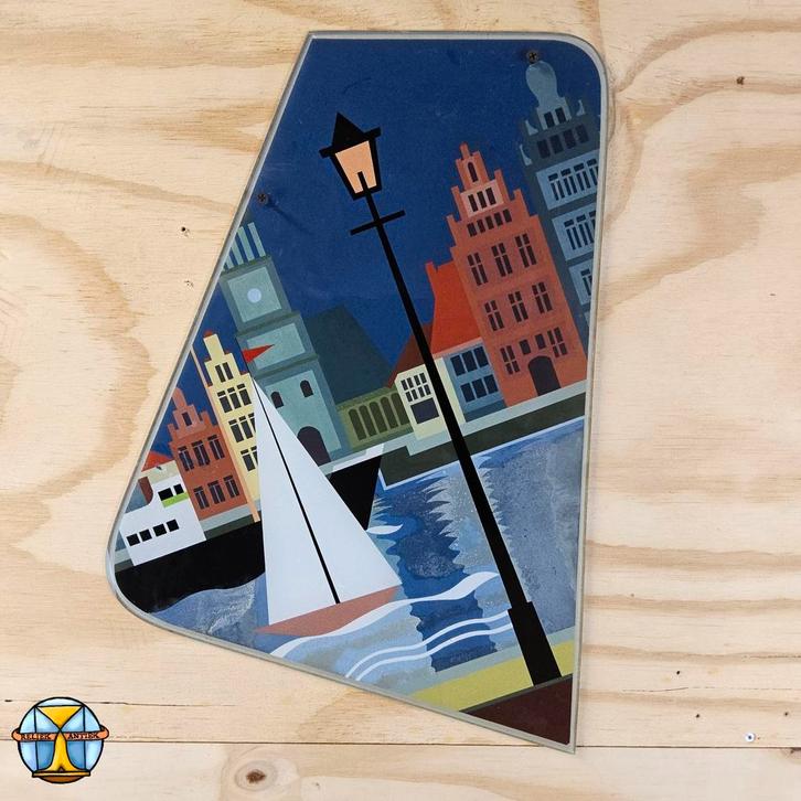 Kunstwerk op glas grachtenpanden, zeilboot (Andre Baldet), Antiek en Kunst, Kunst | Schilderijen | Modern, Ophalen of Verzenden