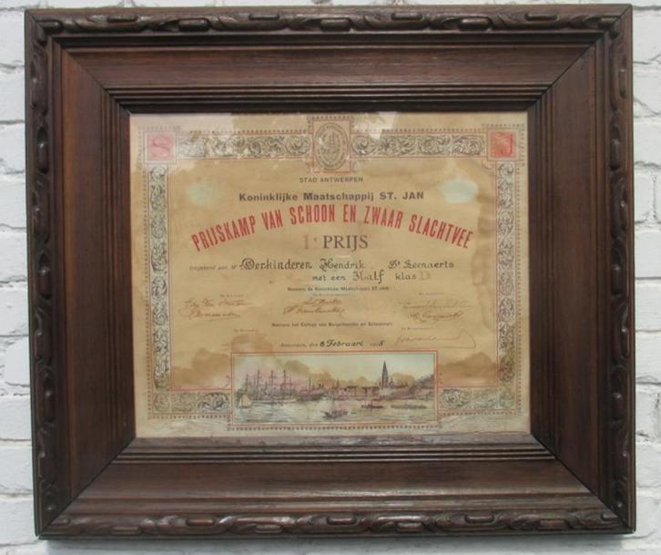 antiek wedstrijd diploma slagerij beenhouwerij kalf, Antiek en Kunst, Curiosa en Brocante, Verzenden