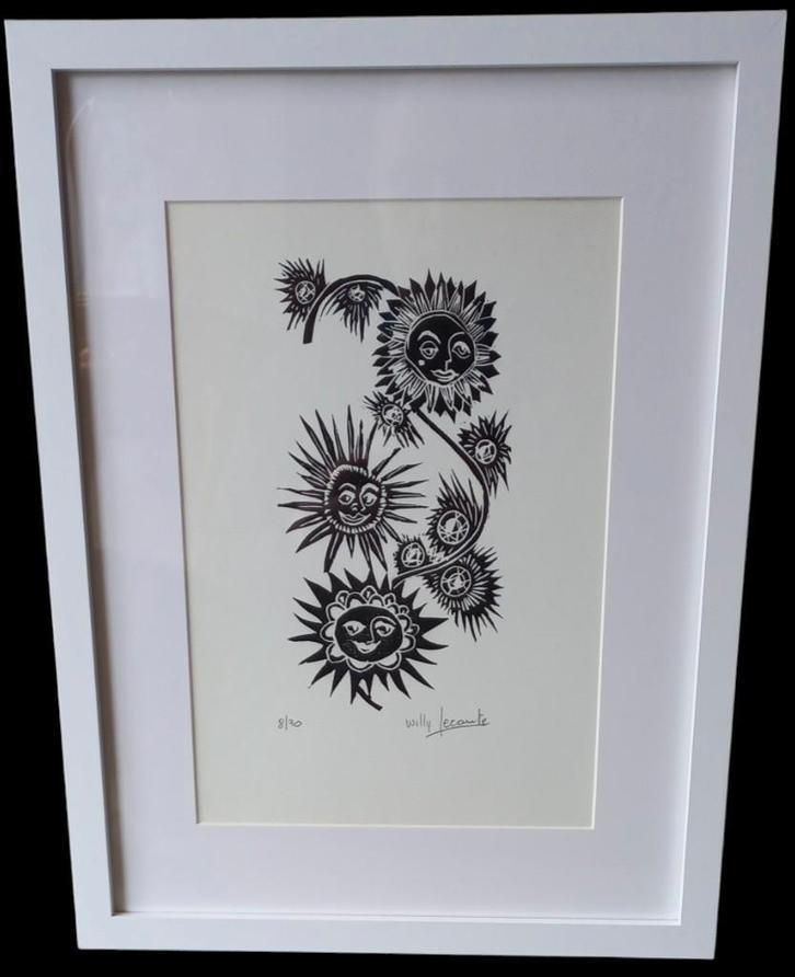 houtsnede Willy Lecomte "zonnebloemen"., Antiquités & Art, Art | Eaux-fortes & Gravures, Enlèvement ou Envoi