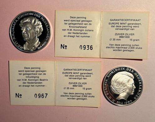 2 zilveren munten, Nederland, Postzegels en Munten, Penningen en Medailles, Zilver, Ophalen of Verzenden