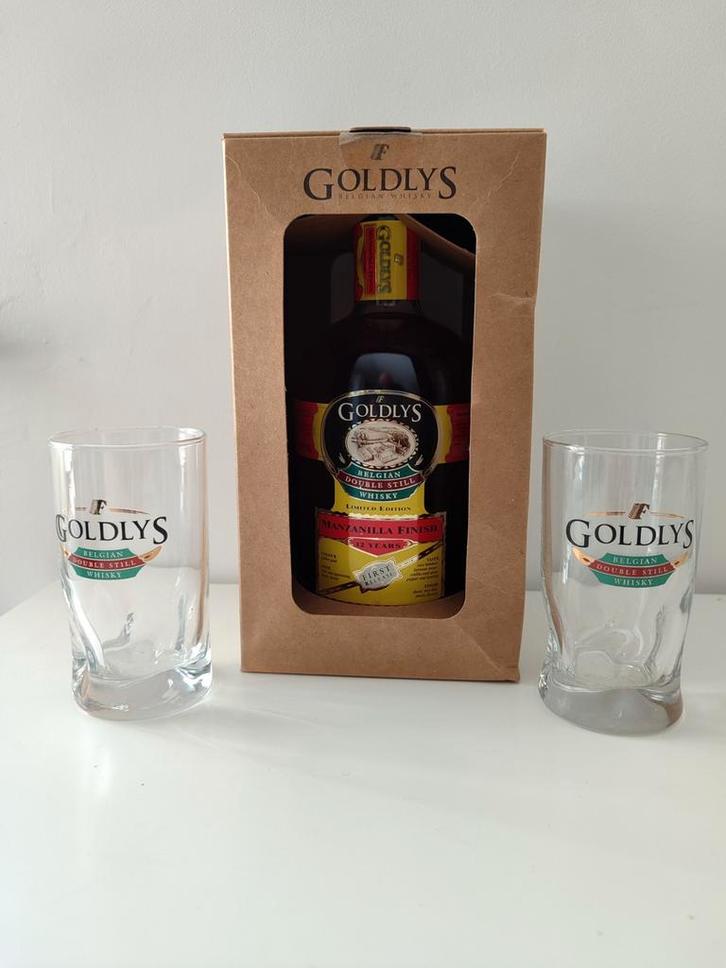 Goldlys Manzanilla finish Belgische whisky 12 year 2 glazen, Verzamelen, Wijnen, Zo goed als nieuw, Ophalen of Verzenden
