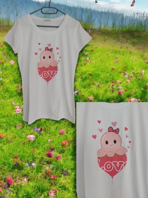 T-shirt strak getailleerd wit octopus love XL, Kleding | Dames, T-shirts, Nieuw, Maat 46/48 (XL) of groter, Wit, Korte mouw, Verzenden