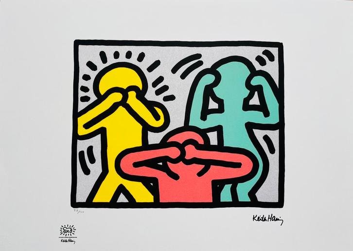 Kleurrijke lithografie | Keith Haring | horen zien zwijgen, Antiek en Kunst, Kunst | Litho's en Zeefdrukken, Ophalen of Verzenden