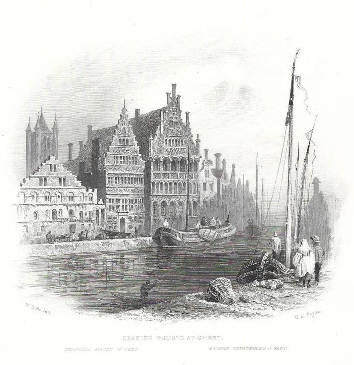 1844 - Gent - de Spaanse huizen, Antiek en Kunst, Kunst | Litho's en Zeefdrukken, Ophalen of Verzenden