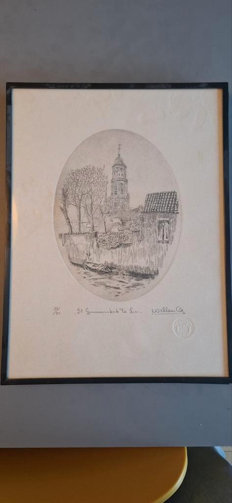 Ets Andre Wellens: sint gumaruskerk te lier, Antiek en Kunst, Kunst | Etsen en Gravures, Ophalen of Verzenden