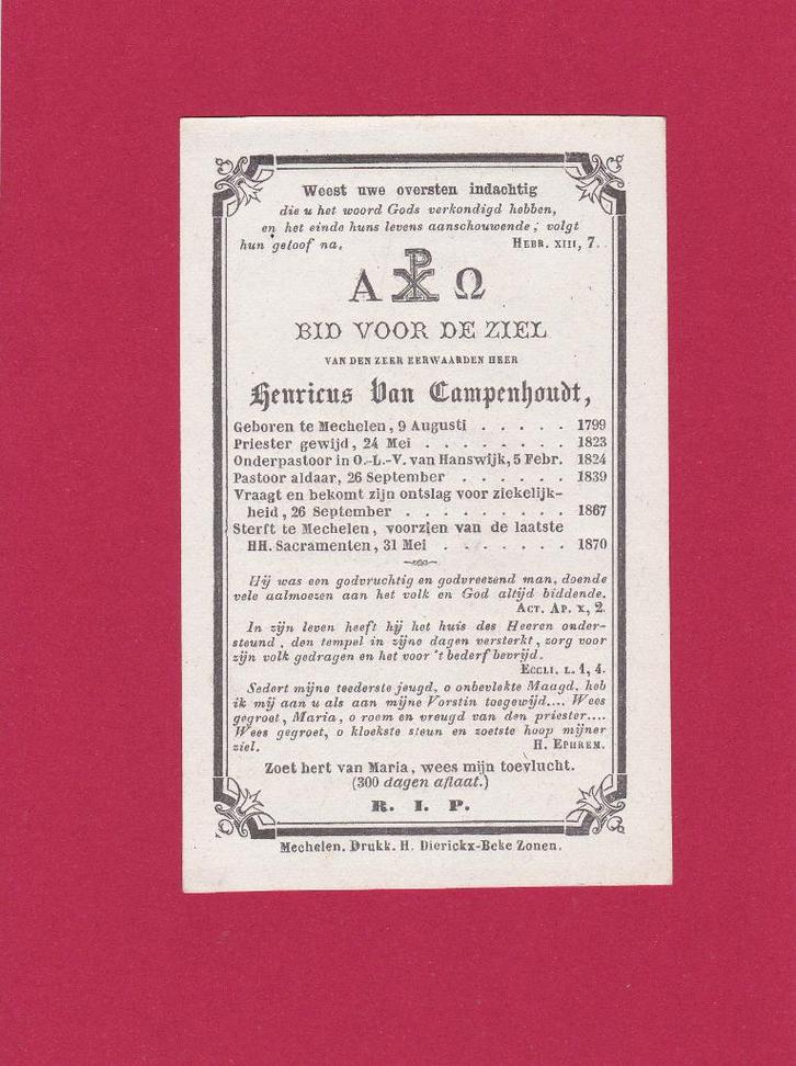 DP Priester Henricus Van Campenhout, Verzamelen, Bidprentjes en Rouwkaarten, Bidprentje, Verzenden