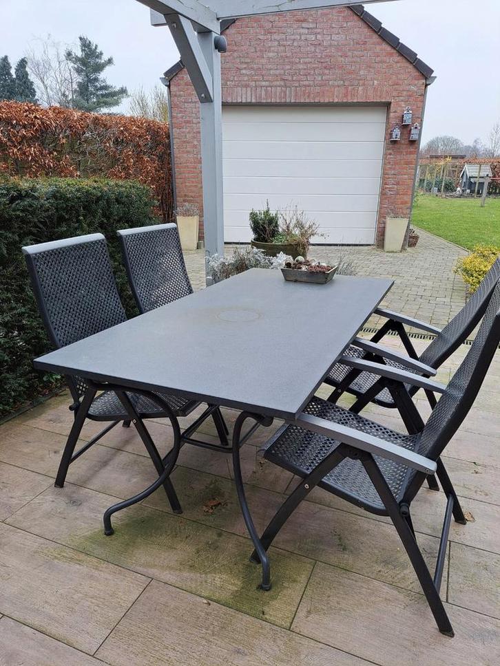 Tuinset met natuurstenen tafelblad, Tuin en Terras, Tuinsets en Loungesets, Gebruikt, Tuinset, 4 zitplaatsen, Eettafel, Stoel