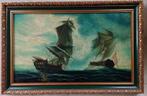 groot schilderij 2 schepen zeeslag (gesigneerd), Antiek en Kunst, Kunst | Schilderijen | Klassiek, Ophalen