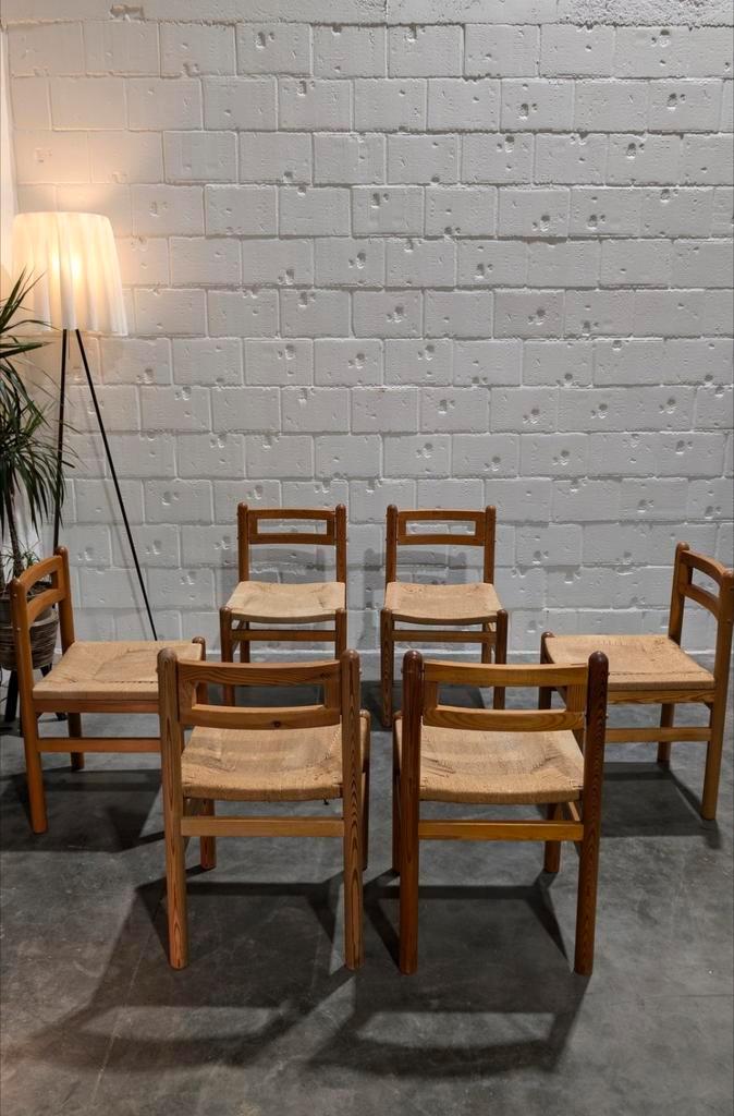 Papercord brutalist stoelen in dennenhout 60's wabi sabi, Huis en Inrichting, Stoelen, Gebruikt, Vijf, Zes of meer stoelen, Hout