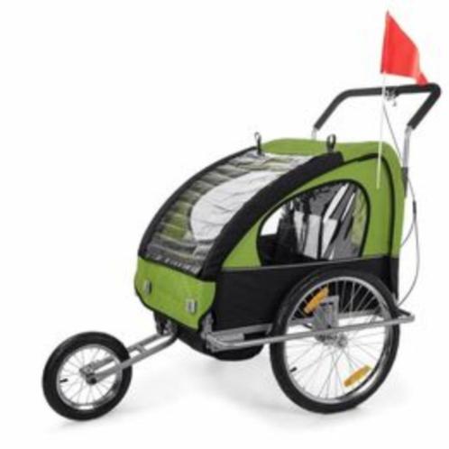 Kinderfietskar en  wandelwagen 2 in 1, reflecterend groen/zw, Fietsen en Brommers, Fietsaccessoires | Aanhangwagens en Karren