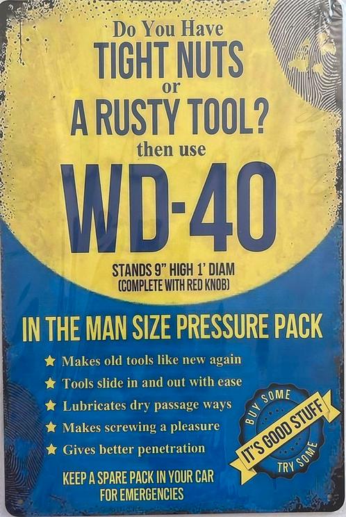 Reclamebord vintage WD40 funny - mancave poolhouse nieuw, Verzamelen, Merken en Reclamevoorwerpen, Nieuw, Reclamebord, Ophalen of Verzenden