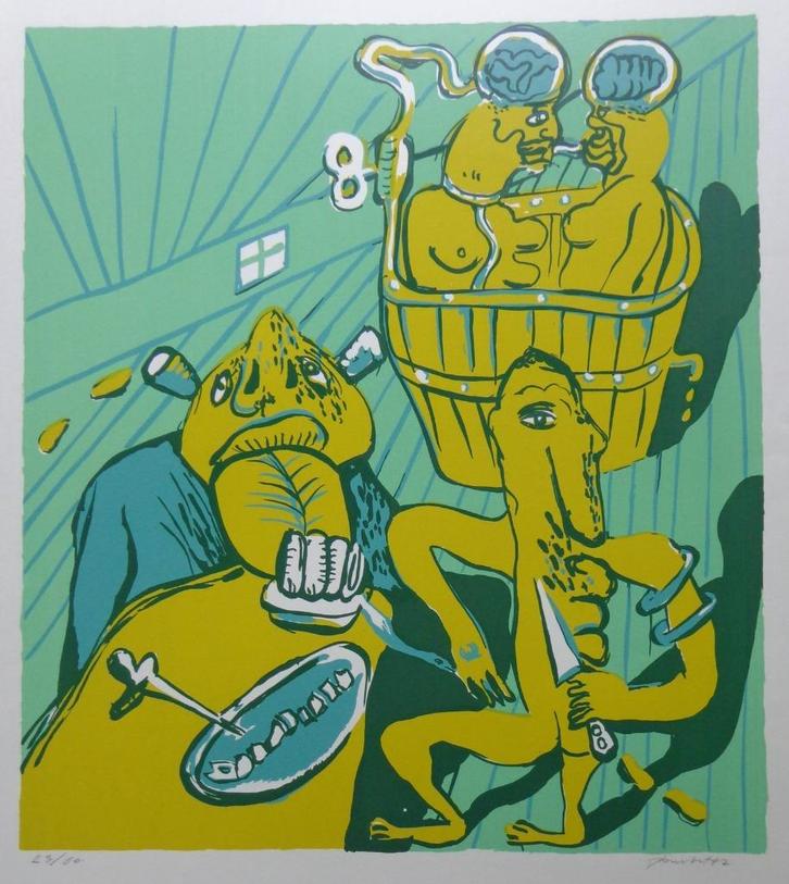 FRED BERVOETS / TYPISCHE FIGURATIE / KLEURZEEFDRUK / 73x55cm, Antiek en Kunst, Kunst | Litho's en Zeefdrukken, Ophalen of Verzenden