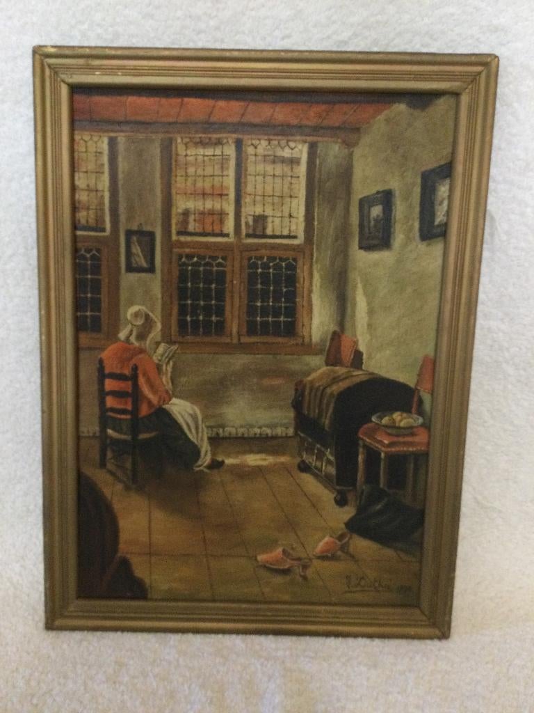 Oude kopie van lezende vrouw Pieter de Hooch, Antiek en Kunst, Ophalen of Verzenden