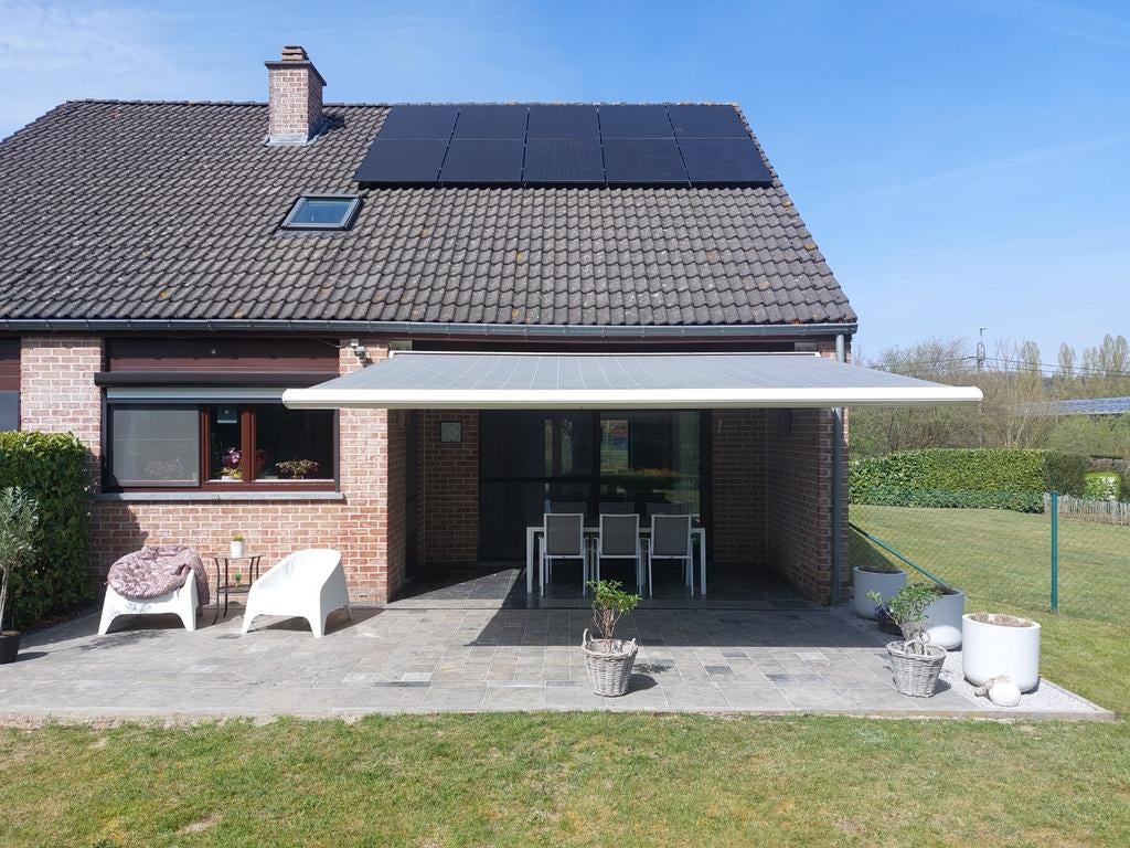 Gemotoriseerd beige zonnescherm 4,35 op 3m uitval, Tuin en Terras, Zonneschermen, Ophalen, Gebruikt, Elektrisch, 150 tot 300 cm