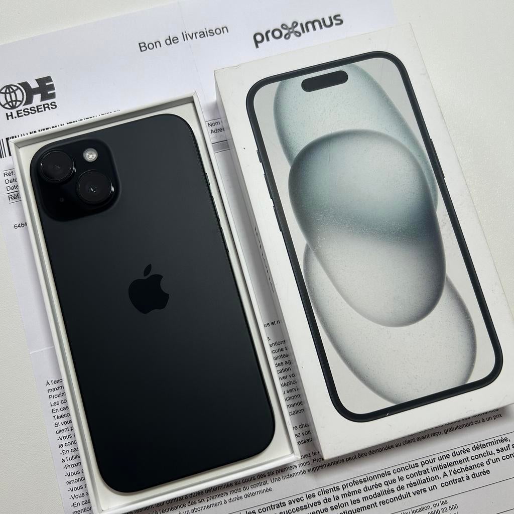iPhone 15 boite et facture complet, Télécoms, Téléphonie mobile | Apple iPhone, 128 GB, IPhone 15, Comme neuf, Noir