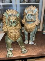 Verguld bronzen Singha-leeuwen Khmer-tempelbewakerfiguur, Ophalen of Verzenden, Brons