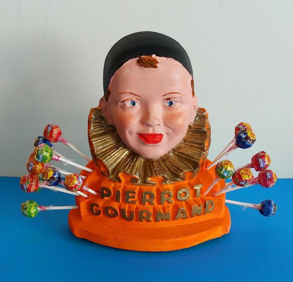 Pierrot gourmand buste publicitaire vintage, Collections, Enlèvement ou Envoi, Utilisé, Panneau publicitaire