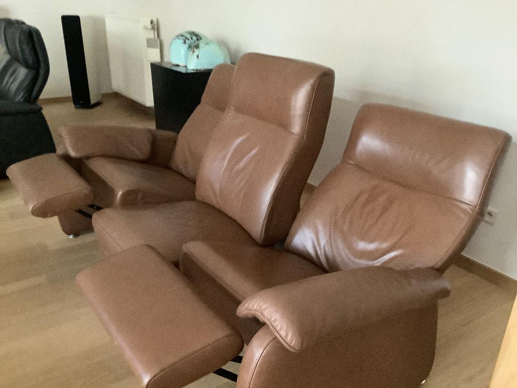 3-zits bruine lederen zetel met relaxfunctie, Huis en Inrichting, Ophalen, Gebruikt, Driepersoons, Leer