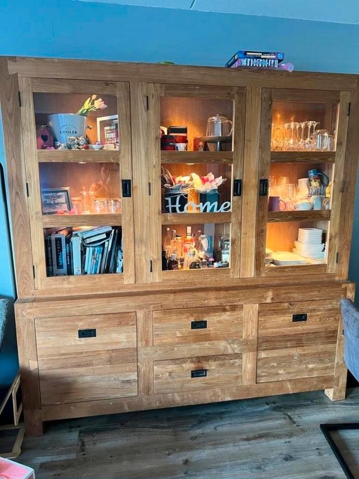 Mooie massief teakhouten  buffetkast/vitrinekast 212cm, Huis en Inrichting, Kasten | Buffetkasten, Gebruikt, Ophalen