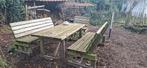 picknicktafel met 2 losse banken en stoel, Tuin en Terras, Tuintafels, Ophalen, Gebruikt, Rechthoekig, Hout