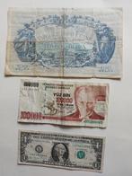 Bankbiljetten 500 frank 100 Belga 1 dollar 100000Turkse lira