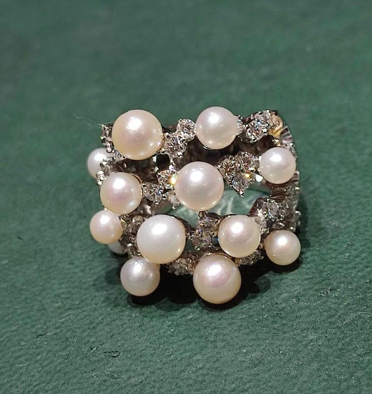 Exclusieve gouden ring met diamanten en Akoya parels, Handtassen en Accessoires, Ringen, Zo goed als nieuw, Dame, Goud, Goud, Met edelsteen