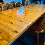 Massief grenen tafel van 2,50 m + 7 bijpassende stoelen, Huis en Inrichting, Ophalen, Gebruikt, 200 cm of meer, 50 tot 100 cm