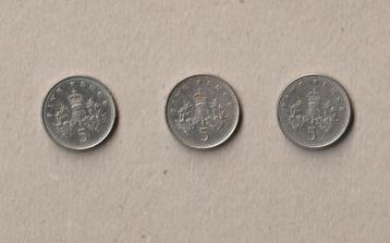 UK : 3 (gebruikte) munten van 5 p (1991-1992-1997) beschikbaar voor biedingen