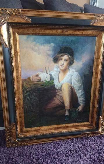 Prachtig en uniek klassieke schilderij Boy and Rabbit  beschikbaar voor biedingen