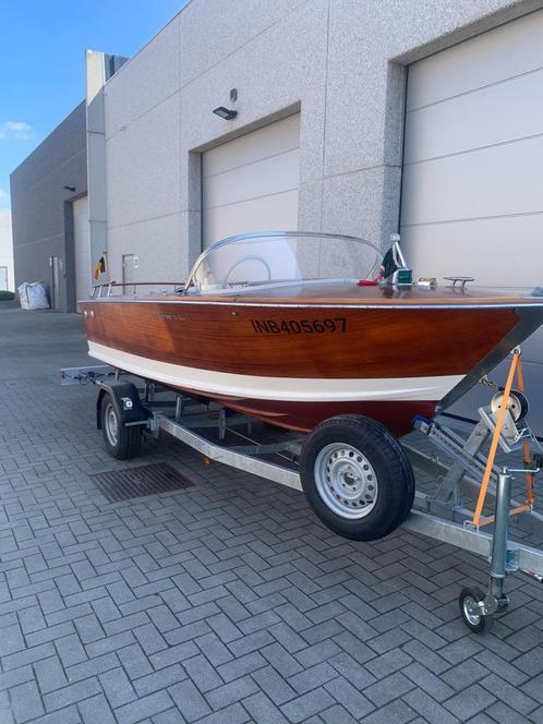 Houten speedboot, Watersport en Boten, Speedboten, Gebruikt, 3 tot 6 meter, Benzine, 70 tot 120 pk, Hout, Binnenboordmotor, Ophalen