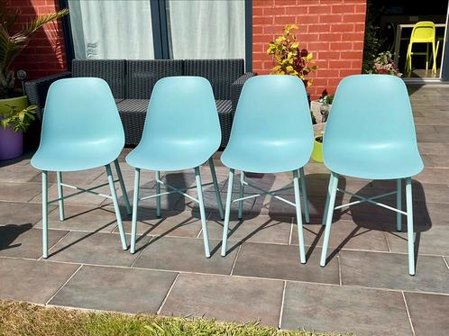 Set van 4 turkooisblauwe Cloé eetkamerstoelen, Huis en Inrichting, Stoelen, Zo goed als nieuw, Vier, Metaal, Overige kleuren, Ophalen