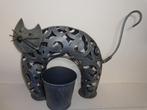 cache pot - chat en métal gris patiné, Gebruikt, Binnen, Ophalen of Verzenden, Metaal