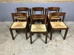 6 houten stoelen gevlochten zitting Vintage Seventies, Vijf, Zes of meer stoelen, Riet of Rotan, Gebruikt, Vintage Wicker Spectrum Martin Vissen biezen papercord