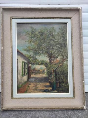 huile sur panneau cour de maison signe gustave losange beschikbaar voor biedingen