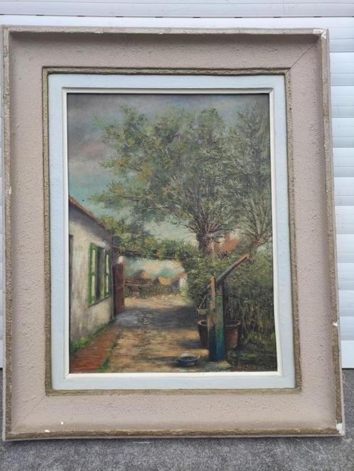 huile sur panneau cour de maison signe gustave losange, Antiek en Kunst, Kunst | Schilderijen | Klassiek, Ophalen of Verzenden