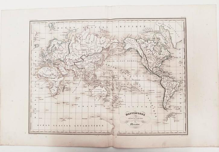 Antieke wereldkaart litho 44x32 cm ca. 1840 Mercator, Antiek en Kunst, Kunst | Etsen en Gravures, Ophalen of Verzenden