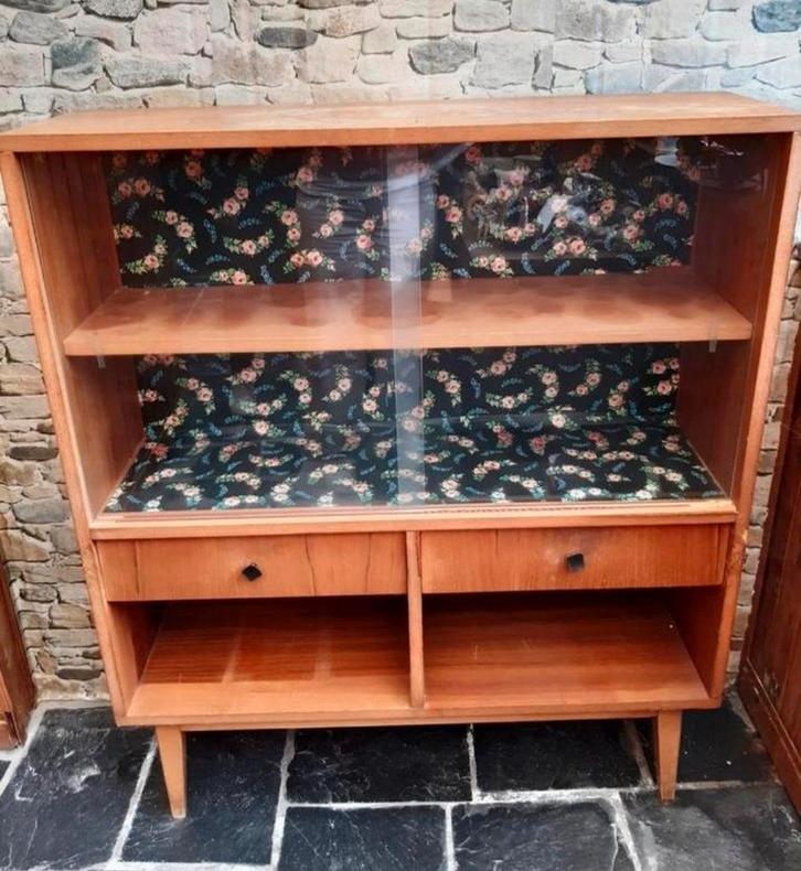 Houten kast met glazen schuifdeuren, Maison & Meubles, Armoires | Vitrines, Utilisé, Verre, Enlèvement