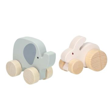 Set van 2 houten speelfiguren op wielen beschikbaar voor biedingen