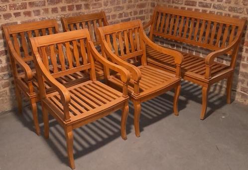 Veranda- of tuinset: 4 stoelen + bank in massief beukenhout, Tuin en Terras, Tuinsets en Loungesets, Zo goed als nieuw, Loungeset