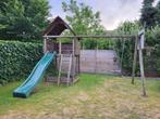 Speelhuisje met glijbaan, zandbak, schommel en ringen, Ophalen, Gebruikt, Hout