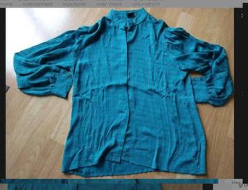 Vintage appelblauwzeegroene blouse met ruitjes 