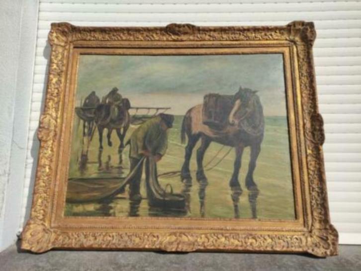 huile sur toile pecheurs signe Constant DE BUSSCHERE, Antiek en Kunst, Kunst | Schilderijen | Klassiek, Ophalen