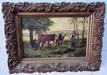 Schilderij (gesigneerd) - Boerderijscène met Koeien beschikbaar voor biedingen