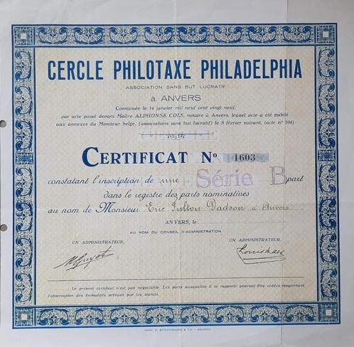 Cercle Philotaxe Philadelphia - certificaat o.n Eric Fulton, Postzegels en Munten, Aandelen en Waardepapieren, Certificaat van aandeel