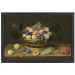 Pêches, prunes et raisins dans un panier en osier, avec frui, Antiquités & Art, Art | Peinture | Classique, Envoi