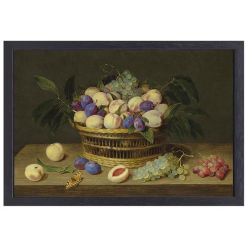 Pêches, prunes et raisins dans un panier en osier, avec frui, Antiquités & Art, Art | Peinture | Classique, Envoi