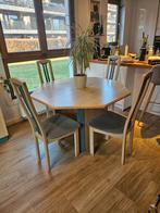 Houten uitschuifbare tafel met 4 stoelen & dressoir in optie, Ophalen, Gebruikt, 100 tot 150 cm, 150 tot 200 cm