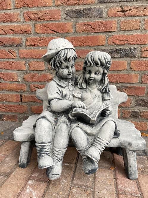 Kinderen op Bankje, Tuin en Terras, Tuinbeelden, Nieuw, Mensenbeeld, Beton, Ophalen