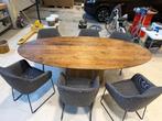 Ovale eettafel 240 cm + 6 grijze stoffen stoelen, Huis en Inrichting, Tafels | Eettafels, Ophalen, Gebruikt, 200 cm of meer, Vijf personen of meer