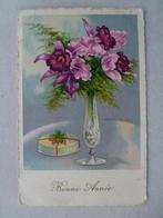 Nieuwjaar  oude prentkaart Bonne Année orchideeën beschreven, Verzamelen, Ophalen of Verzenden, 1920 tot 1940, Gelopen, Feest(dag)